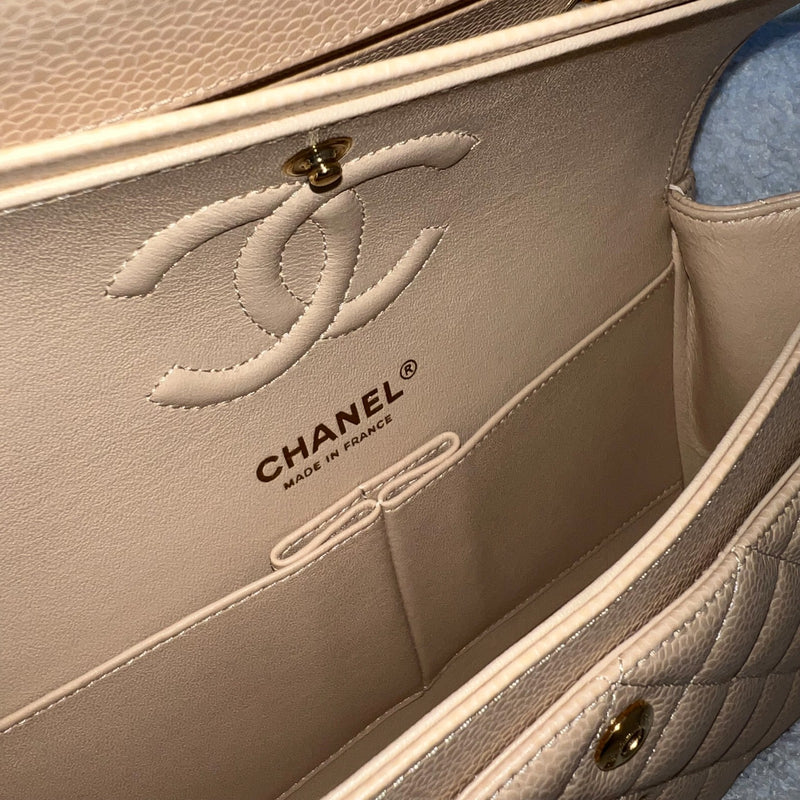 Chanel Small Classic Flap CF in Beige Caviar and GHW (Model: A01113)