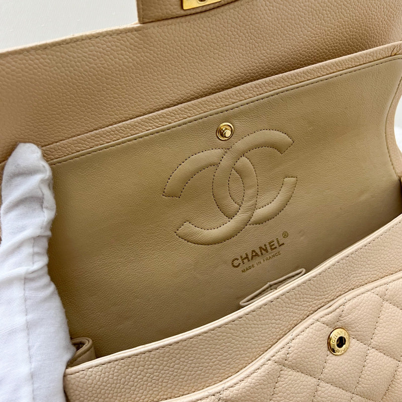 Chanel Vintage Medium Classic Flap CF in Beige Caviar and 24K Plated GHW