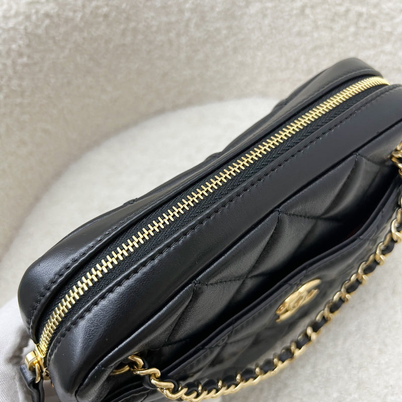 Chanel 24K Gold Medallion Mini Camera Bag in Black Lambskin and GHW