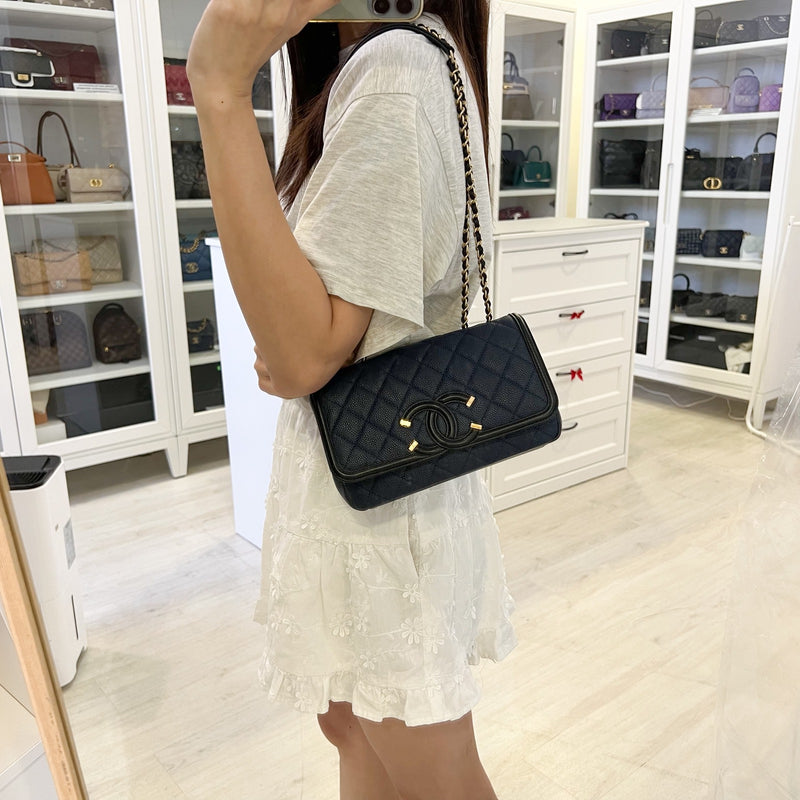 Chanel Filigree Small Flap in Navy Caviar with Black Trim and AGHW (Model: A93340)