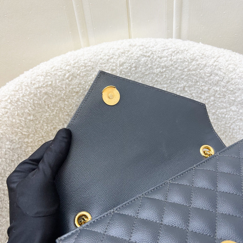 Saint Laurent YSL Small Envelope Flap in Quilted Grain De Poudre Embossed Dark Grey Leather and GHW