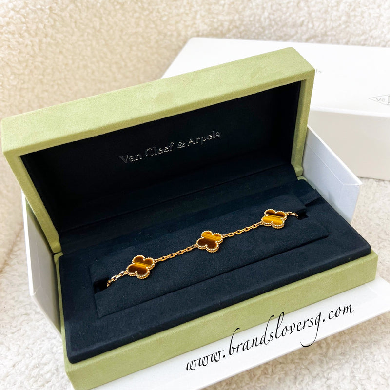 Van Cleef & Arpels VCA Vintage Alhambra 5 Motifs Bracelet with Tiger Eye in 18K Yellow Gold