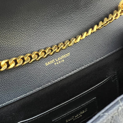 Saint Laurent YSL Small Envelope Flap in Quilted Grain De Poudre Embossed Dark Grey Leather and GHW