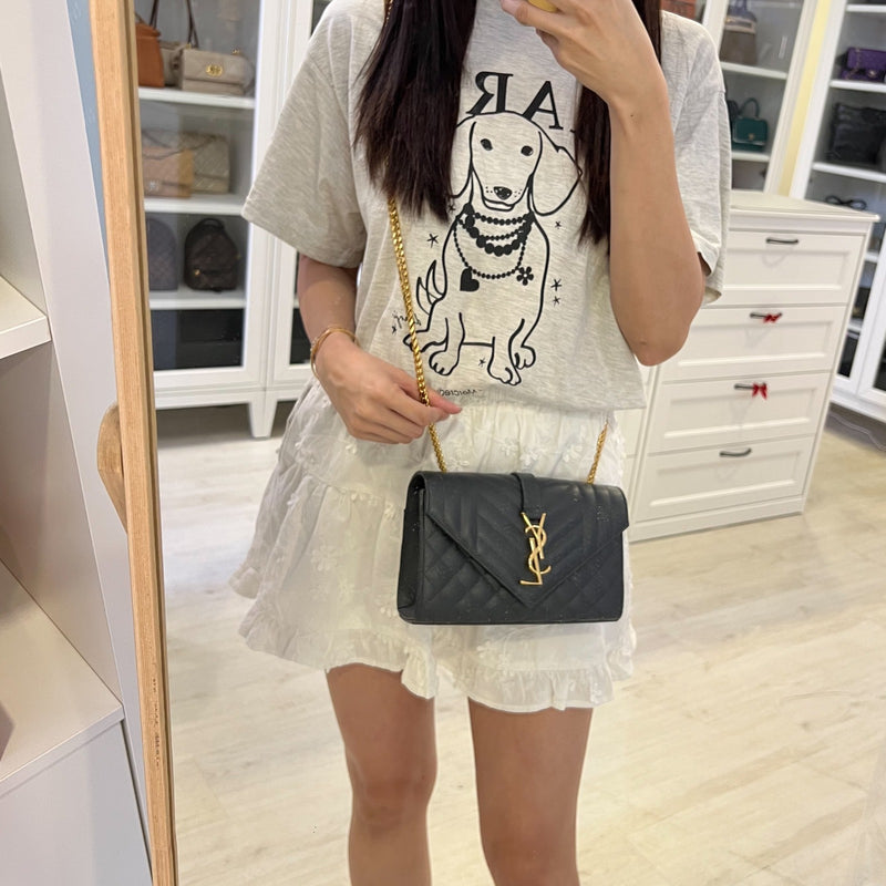 Saint Laurent YSL Small Envelope Flap in Quilted Grain De Poudre Embossed Dark Grey Leather and GHW