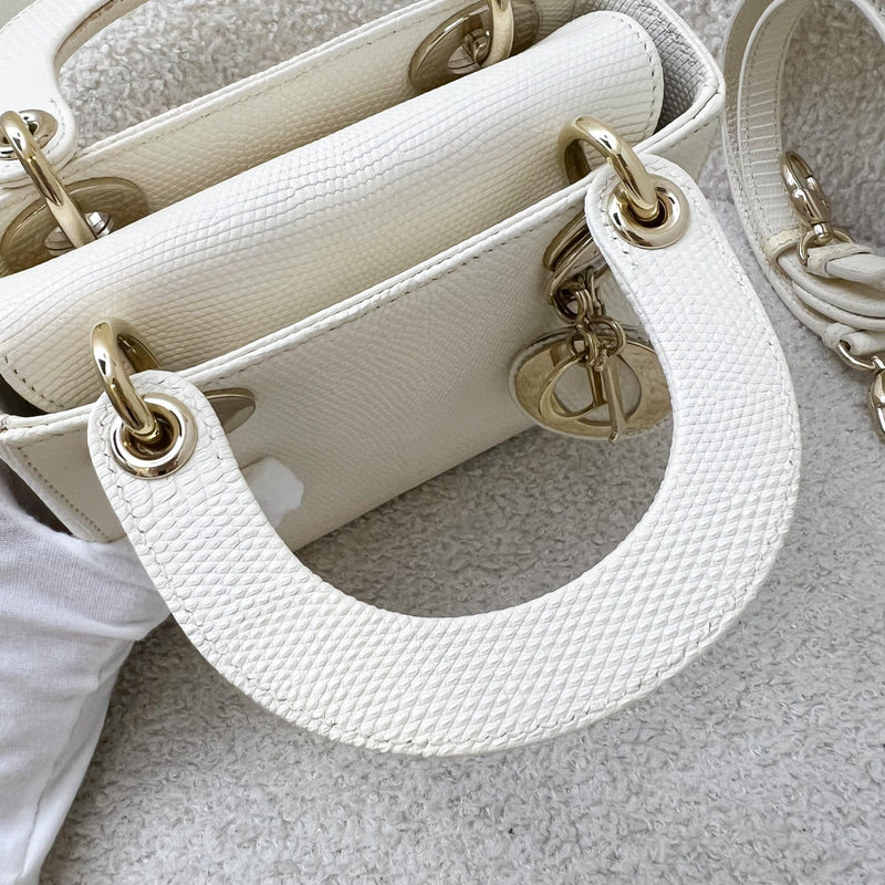 Dior Lady Dior Mini in White / Cream Lizardskin and LGHW