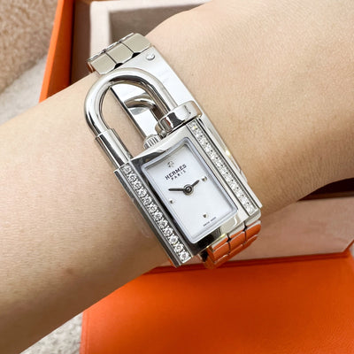 Hermes Mini Model Kelly Watch in Stainless Steel and Diamond-set Spangled White Dial (Model: W062468WW00)