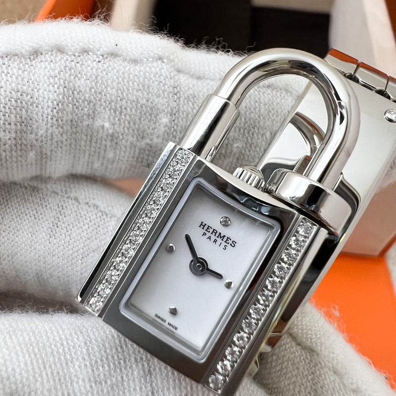 Hermes Mini Model Kelly Watch in Stainless Steel and Diamond-set Spangled White Dial (Model: W062468WW00)