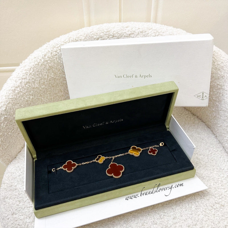 Van Cleef Arpels VCA Magic Alhambra Motifs Bracelet with Tiger Eye and Carnelian and 18K GHW (10 extra links)(Ref: VCARN5JQ00)