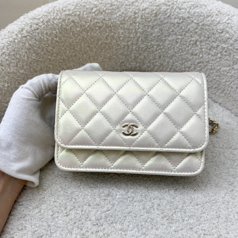 Chanel Mini Wallet On Chain WOC in 20B Iridescent Ivory Lambskin and LGHW (Model: AP1649)