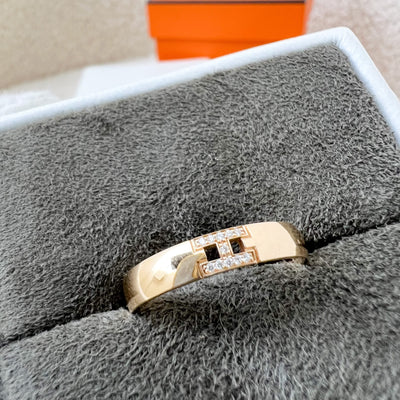 Hermes Alliance Ring with Diamonds in 18K Rose Gold Sz 55