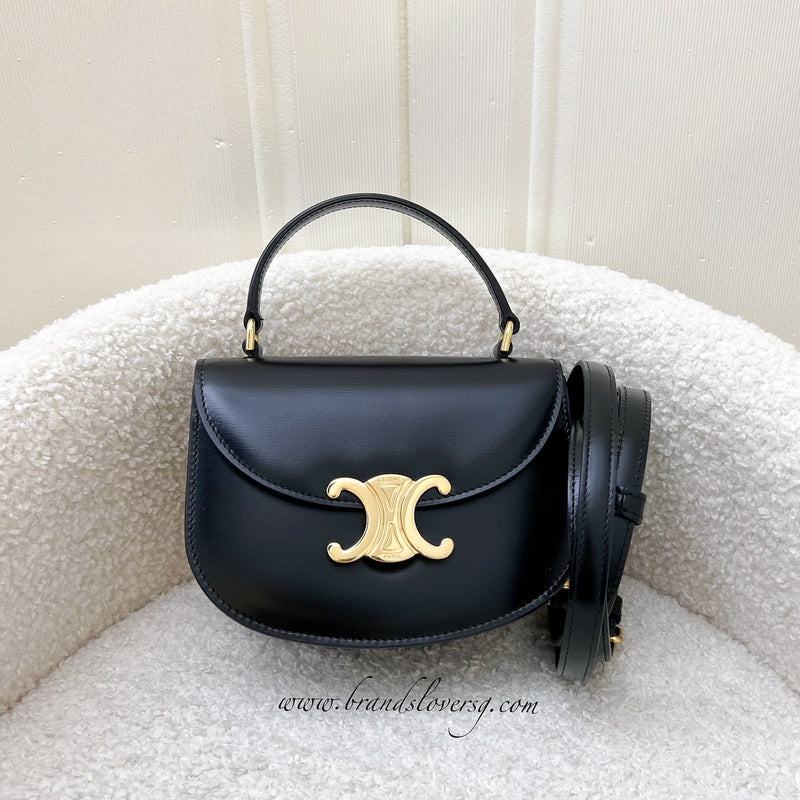 Celine Mini Besace Clea Flap Bag in Black Shiny Calfskin and GHW