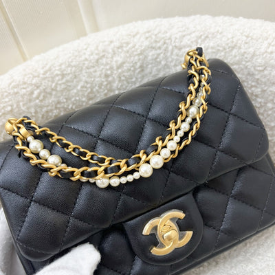 Chanel 24P Pearl Twist Chain Square Mini Flap Bag in Black Lambskin and AGHW (Model: AS4385)