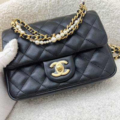 Chanel 24P Pearl Twist Chain Square Mini Flap Bag in Black Lambskin and AGHW (Model: AS4385)