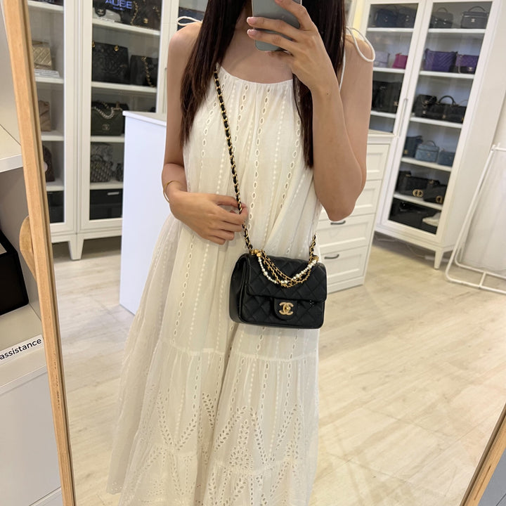 Chanel 24P Pearl Twist Chain Square Mini Flap Bag in Black