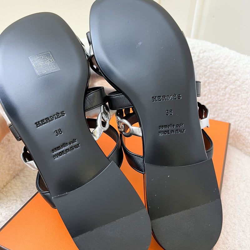 Hermes Amalfi Women Sandal in Black / Silver Sz 38