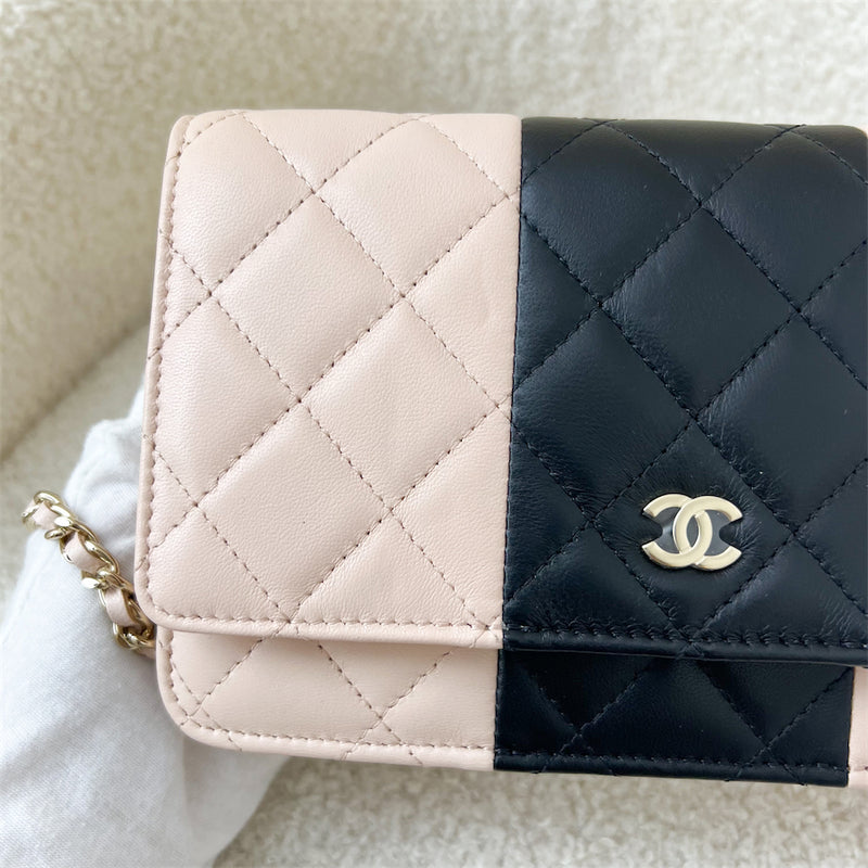 Chanel Classic Wallet on Chain WOC in 22C Bicolor Beige and Black Lambskin and LGHW