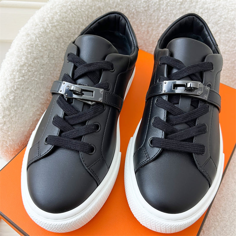 Hermes Day Sneaker in Black Calfskin with Shiny Black Kelly Buckle
