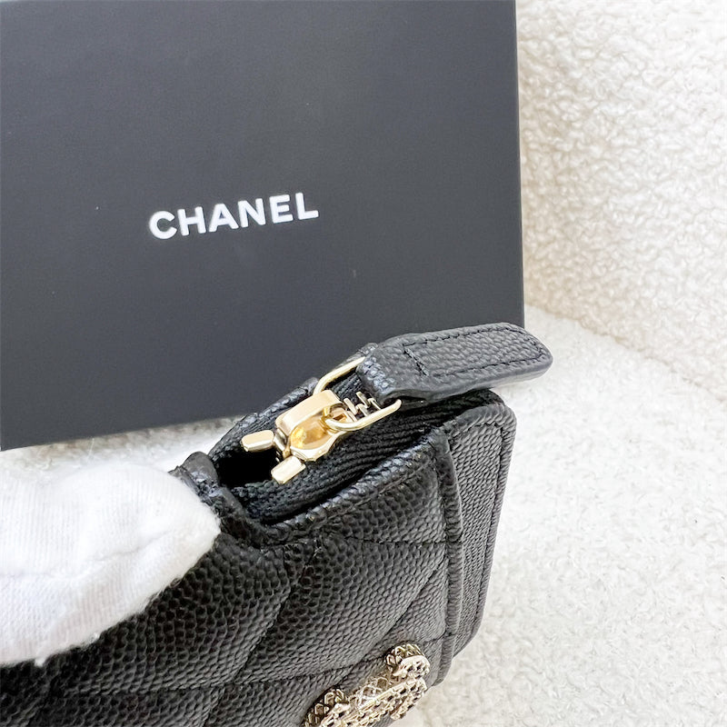 Chanel Seasonal Zipped Square Compact Wallet / Card Holder in Black Caviar and GHW (AP3402)