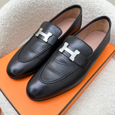 Hermes Paris Ladies Loafers in Noir Black Goatskin and PHW Sz 39.5