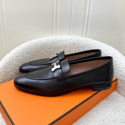 Hermes Paris Ladies Loafers in Noir Black Goatskin and PHW Sz 39.5