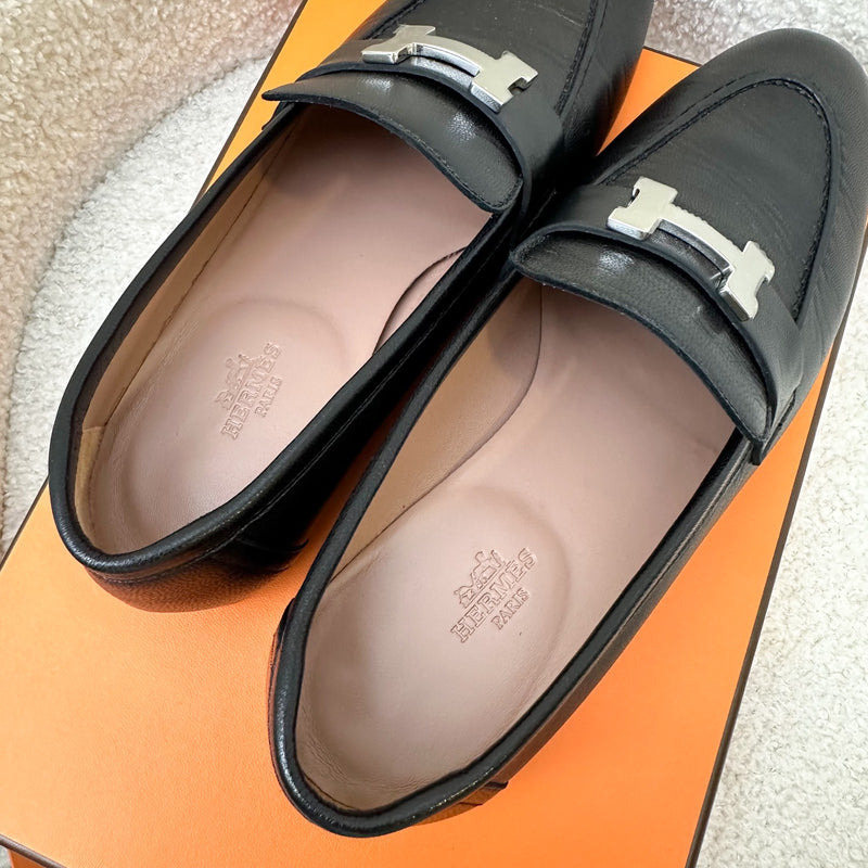 Hermes Paris Ladies Loafers in Noir Black Goatskin and PHW Sz 39.5