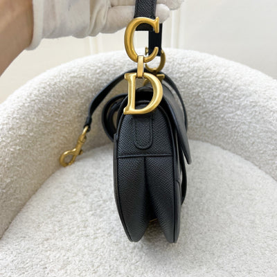 Dior Mini Saddle Bag In Black Grained Calfskin and GHW (Newer Version with Strap)