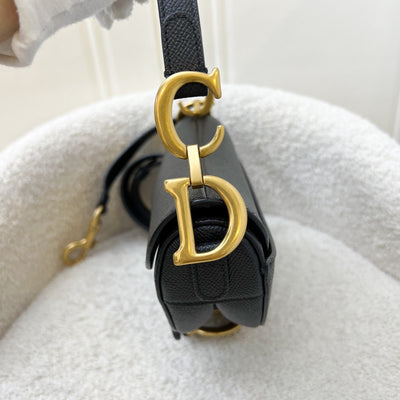 Dior Mini Saddle Bag In Black Grained Calfskin and GHW (Newer Version with Strap)