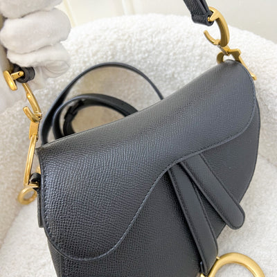 Dior Mini Saddle Bag In Black Grained Calfskin and GHW (Newer Version with Strap)