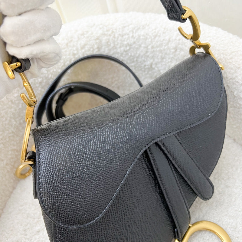 Dior Mini Saddle Bag In Black Grained Calfskin and GHW (Newer Version with Strap)