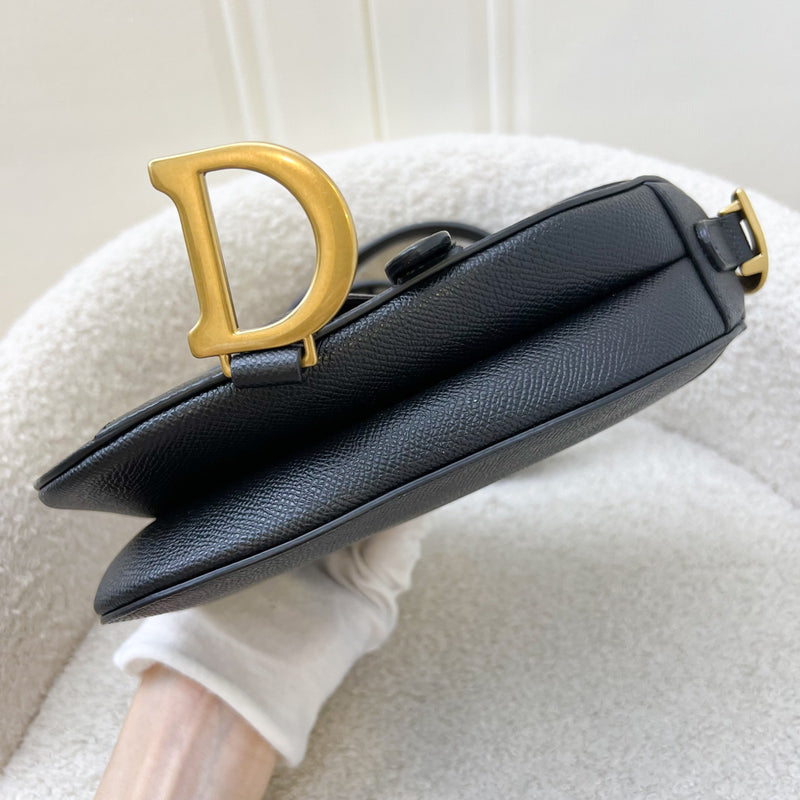 Dior Mini Saddle Bag In Black Grained Calfskin and GHW (Newer Version with Strap)