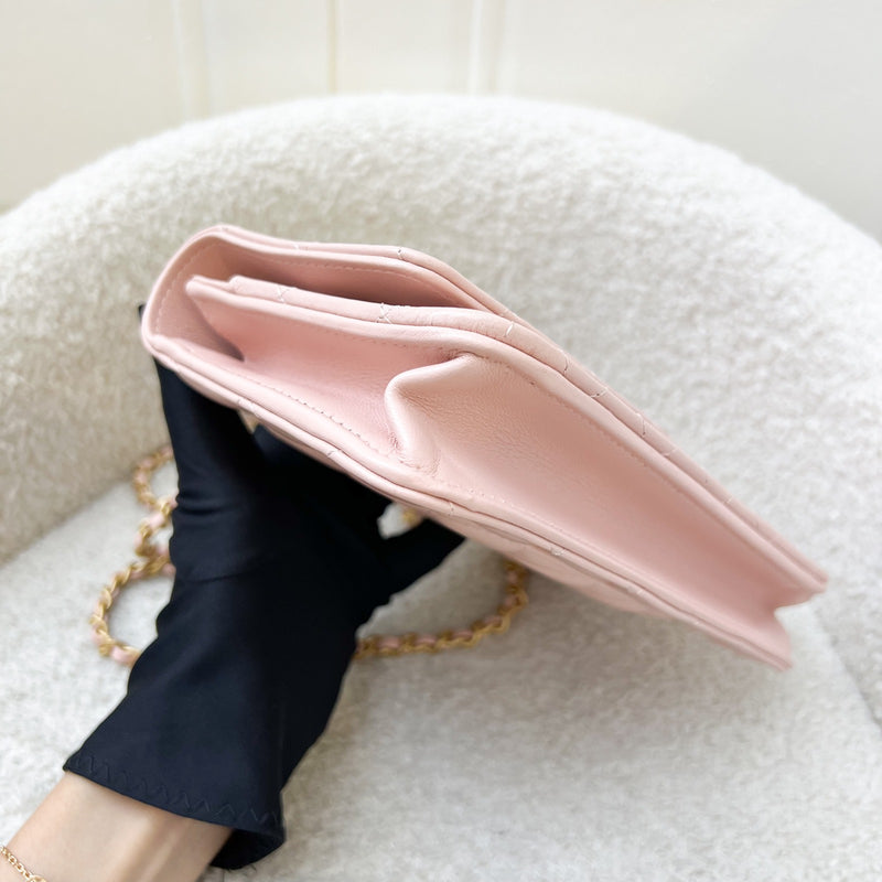 Chanel 24C Top Handle Wallet on Chain WOC in Rose Clair Pink Lambskin and AGHW (Model: AP3664)