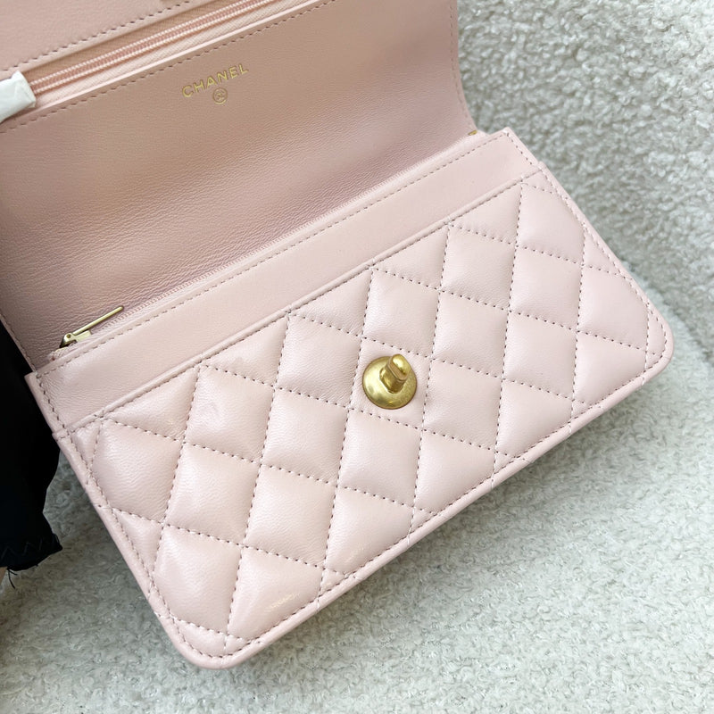 Chanel 24C Top Handle Wallet on Chain WOC in Rose Clair Pink Lambskin and AGHW (Model: AP3664)