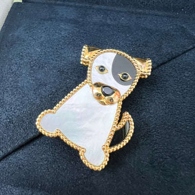 Van Cleef & Arpels VCA Lucky Animals Dog Clip Brooch with Mother of Pearl MOP and Onyx in 18K Yellow Gold (Ref: VCARP2AU00)