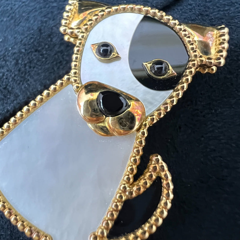 Van Cleef & Arpels VCA Lucky Animals Dog Clip Brooch with Mother of Pearl MOP and Onyx in 18K Yellow Gold (Ref: VCARP2AU00)