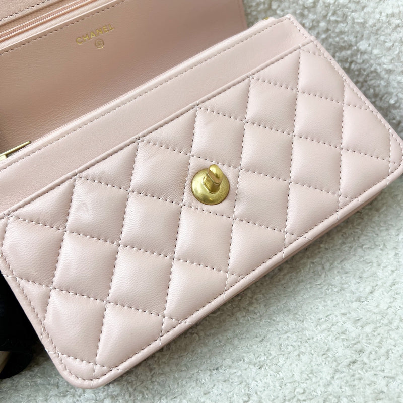 Chanel 24C Top Handle Wallet on Chain WOC in Rose Clair Pink Lambskin and AGHW (Model: AP3664)