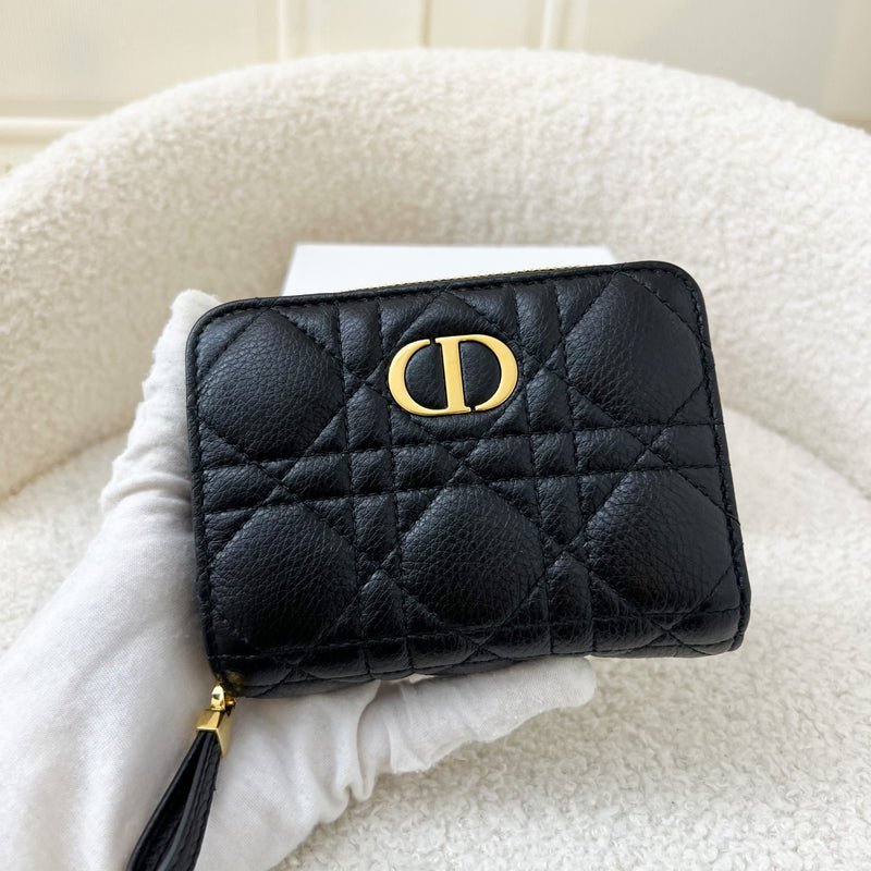 Dior Caro Compact Zipped Wallet in Black Supple Cannage Calfskin and GHW