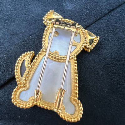 Van Cleef & Arpels VCA Lucky Animals Dog Clip Brooch with Mother of Pearl MOP and Onyx in 18K Yellow Gold (Ref: VCARP2AU00)