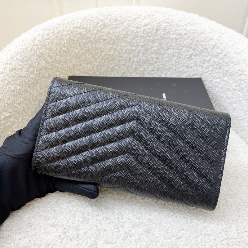 Saint Laurent Envelope Long Wallet in Black Grained Leather and GHW