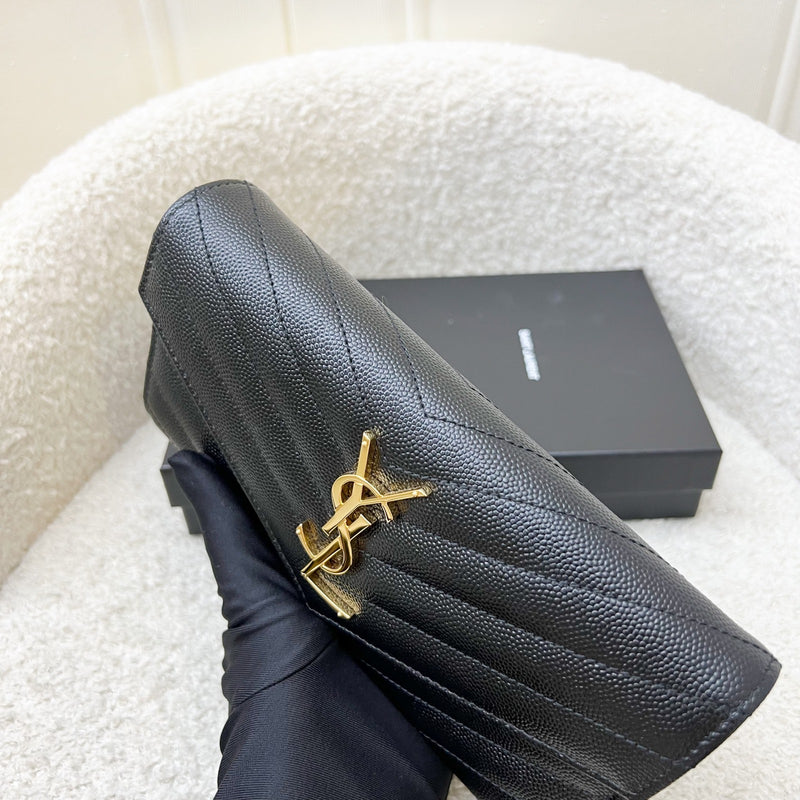 Saint Laurent Envelope Long Wallet in Black Grained Leather and GHW