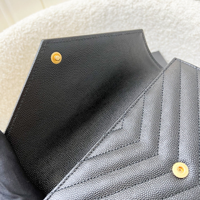 Saint Laurent Envelope Long Wallet in Black Grained Leather and GHW