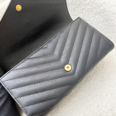 Saint Laurent Envelope Long Wallet in Black Grained Leather and GHW