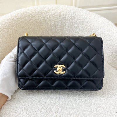 Chanel 23S Camellia Pearl Crush Wallet on Chain WOC in Black Lambskin AGHW