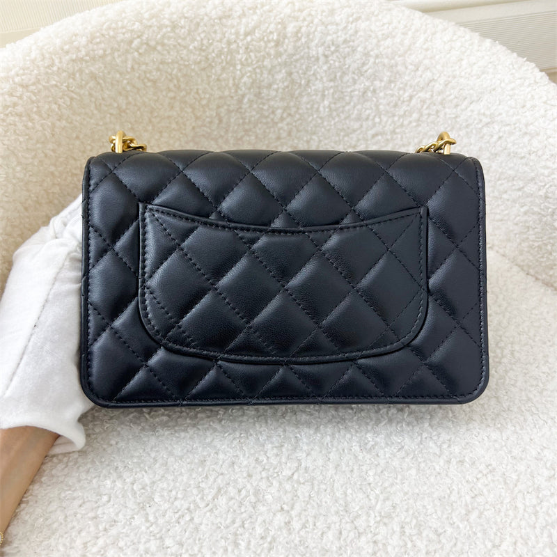 Chanel 23S Camellia Pearl Crush Wallet on Chain WOC in Black Lambskin AGHW