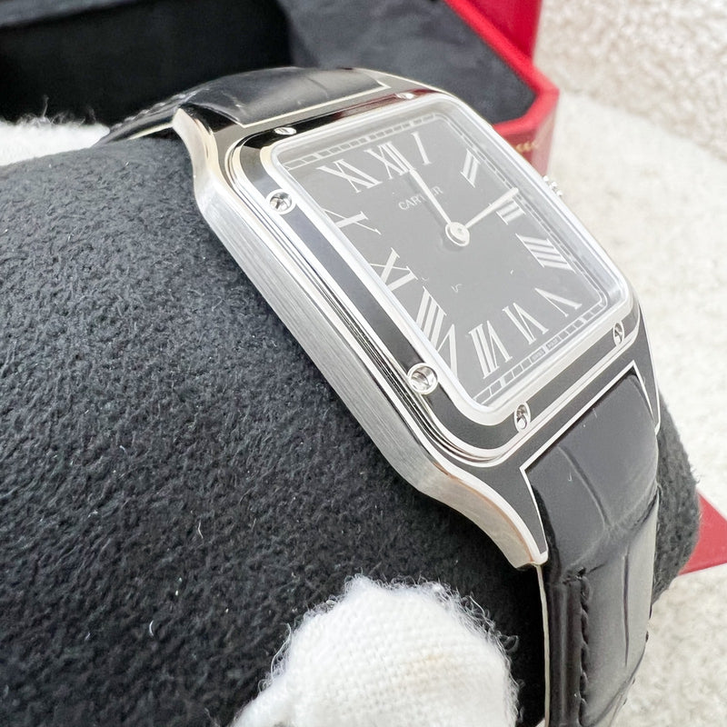Cartier Santos-Dumont Large Model Watch in Manual Mechanical Movement with Steel Case and Black Alligator Strap (Model: WSSA0046)