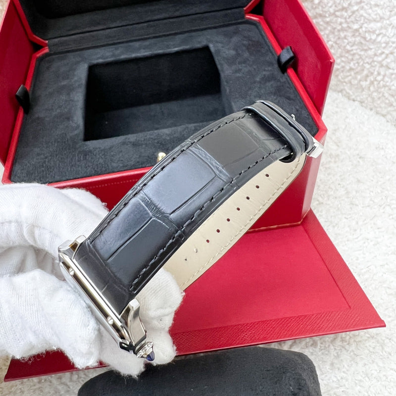 Cartier Santos-Dumont Large Model Watch in Manual Mechanical Movement with Steel Case and Black Alligator Strap (Model: WSSA0046)