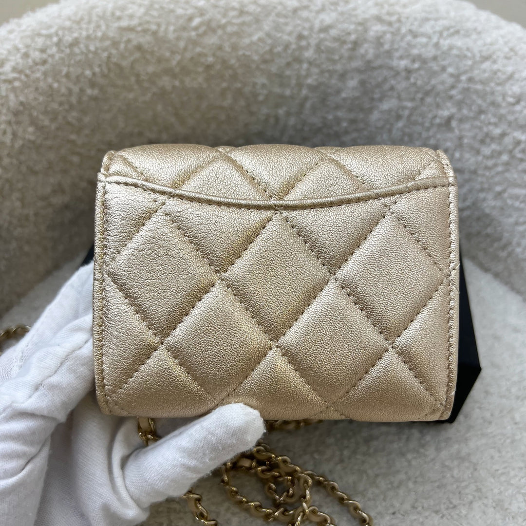 Chanel 21P Card Holder / Clutch on Chain in Metallic Gold Lambskin