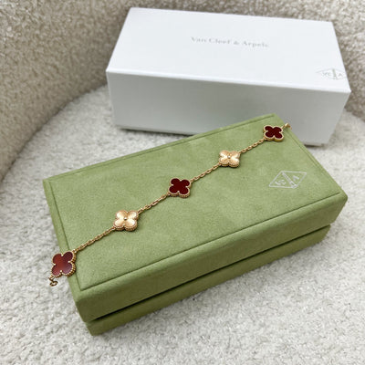 Van Cleef & Arpels VCA Vintage Alhambra 5 Motifs Guilloché Bracelet with Carnelian in 18K Rose Gold