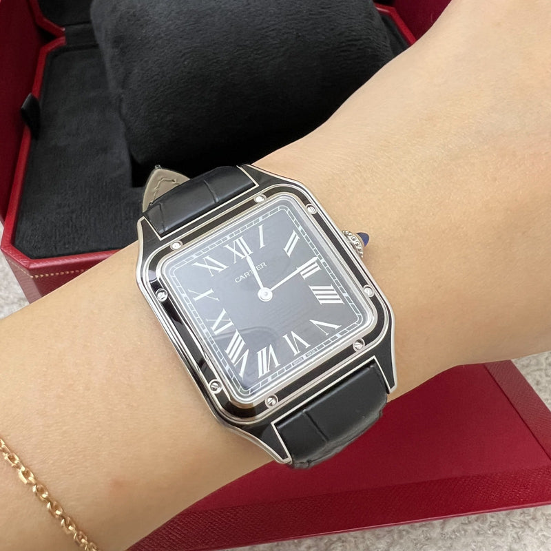 Cartier Santos-Dumont Large Model Watch in Manual Mechanical Movement with Steel Case and Black Alligator Strap (Model: WSSA0046)