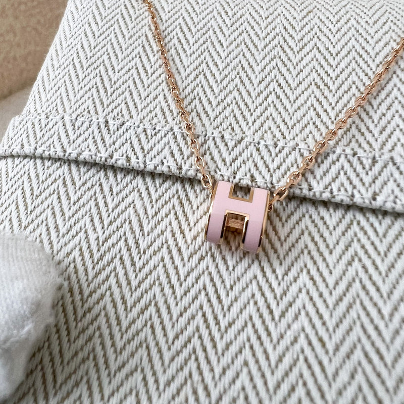 Hermes Mini Pop H Pendant Necklace in Rose Dragree Enamel RGHW