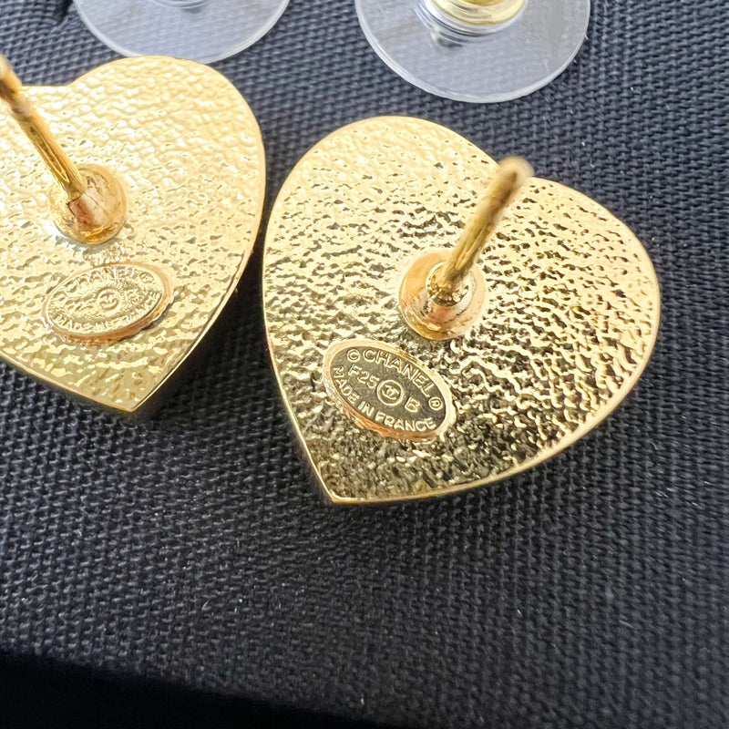 Chanel 25B Heart Earrings with Crystal Studded CC in Black Enamel and LGHW